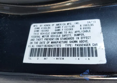 2013 Honda Accord Lx-S from USA, damaged, VIN 1HGCT1B3XDA017570
